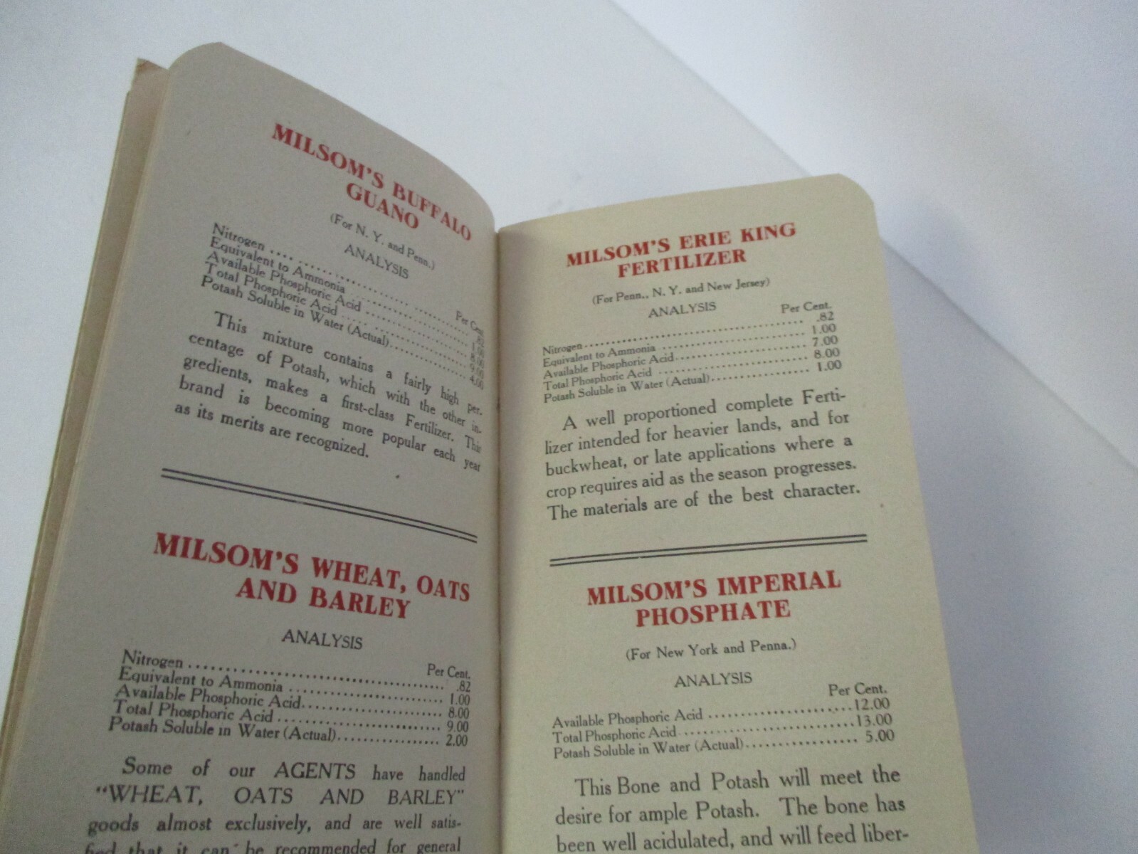 MILSOM FERTILIZERS Advertising Memo Booklet, 1914
