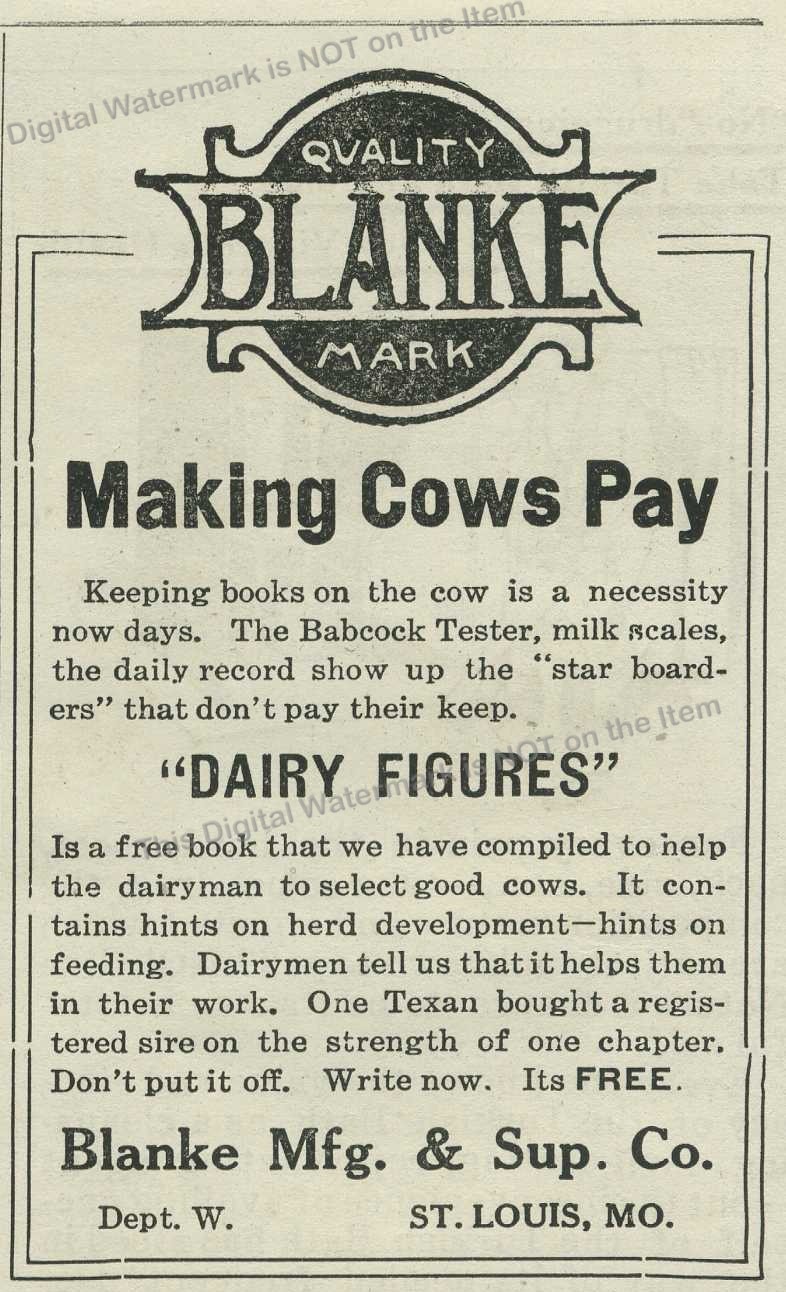 1918 AD Making Cows Pay – Dairy Figures Dairymen Blanke Mfg & Supply Co St Louis