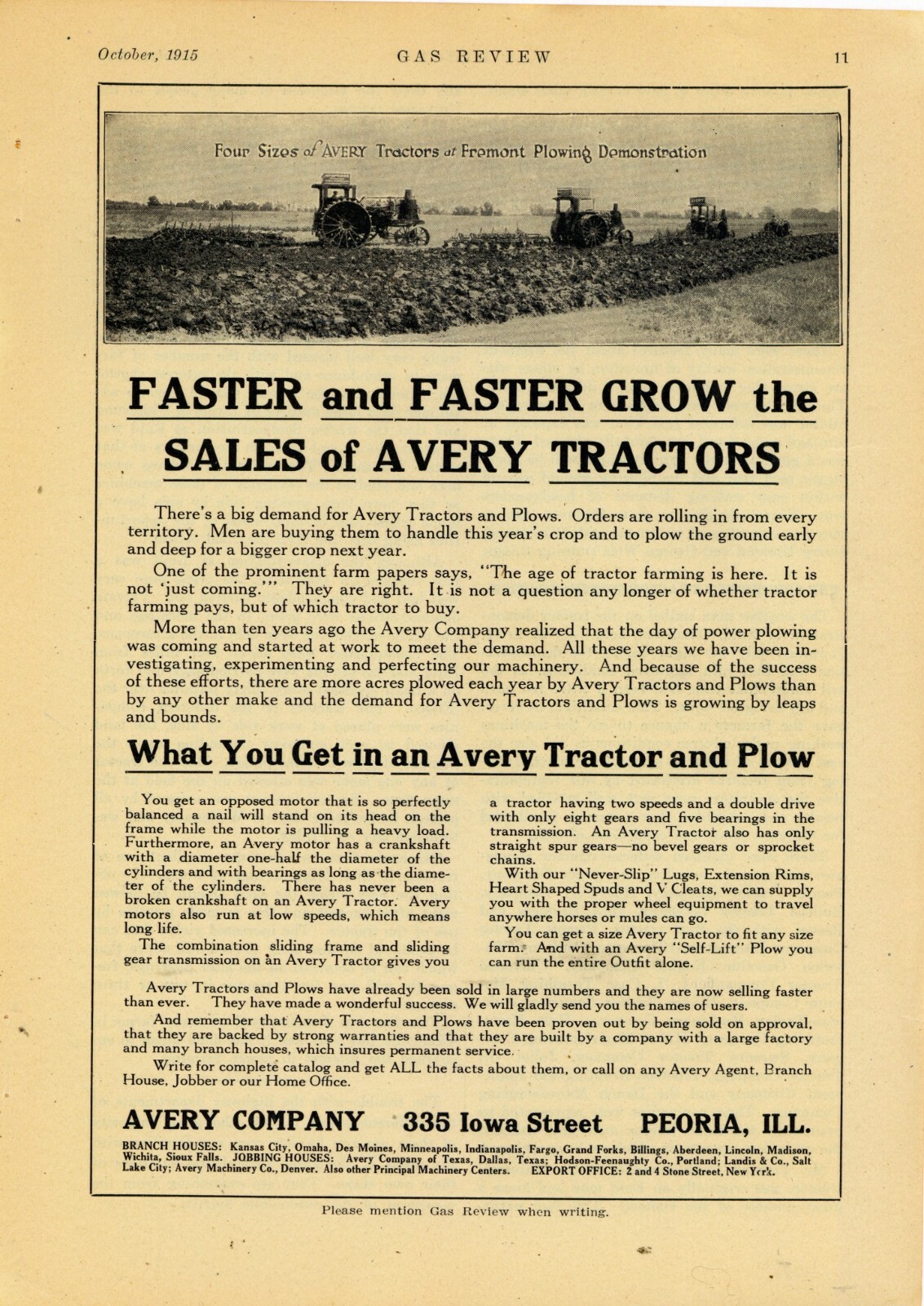 1915 Avery Co. of Peoria, IL Ad: Avery Tractors at Fremont Plowing Demonstration