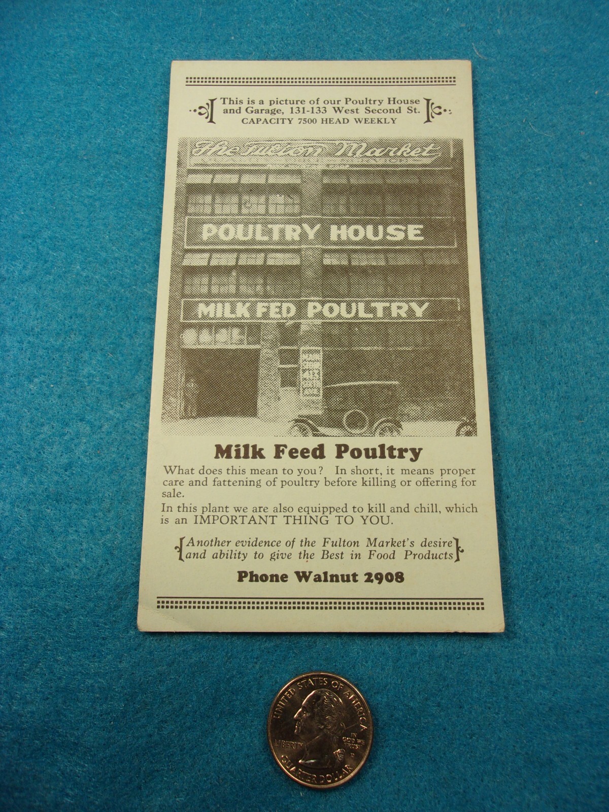 AWESOME ANTIQUE ADVERTISING CARD: THE FULTON MARKET, MILK FEED POULTRY, CHICAGO
