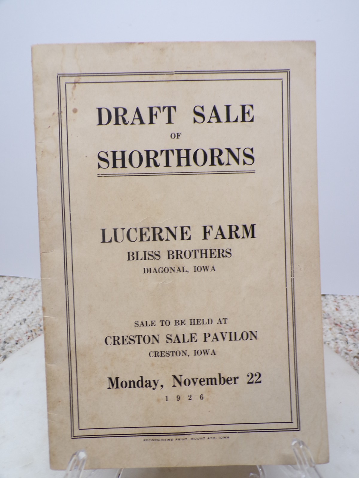 1926 Draft Sale Shorthorns Lucerne Farm Bliss Bros Diagonal Creston Iowa FAMILY?