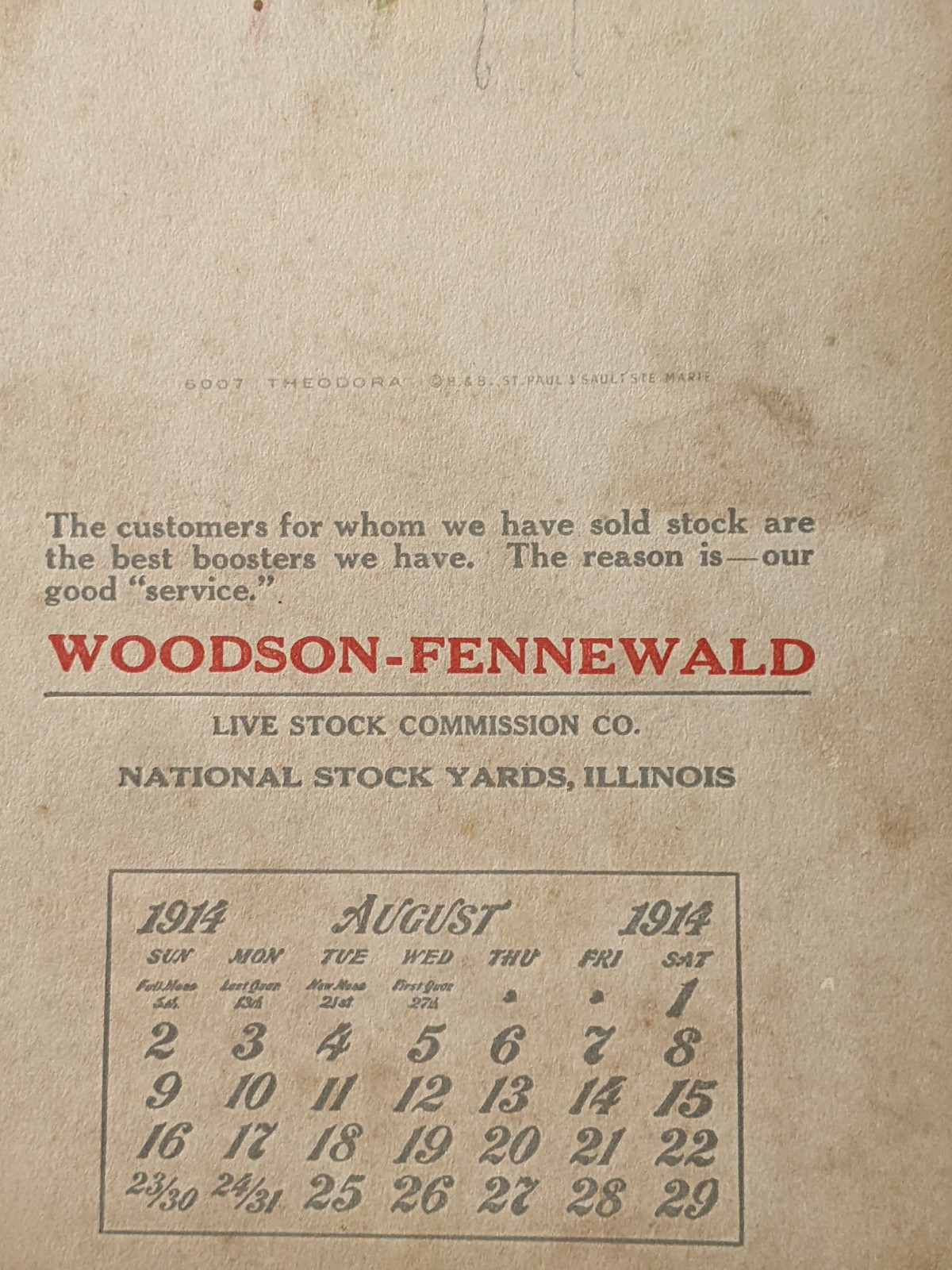 Woodson-fennewald Illinois stockyard 1914 calendar with market report on back
