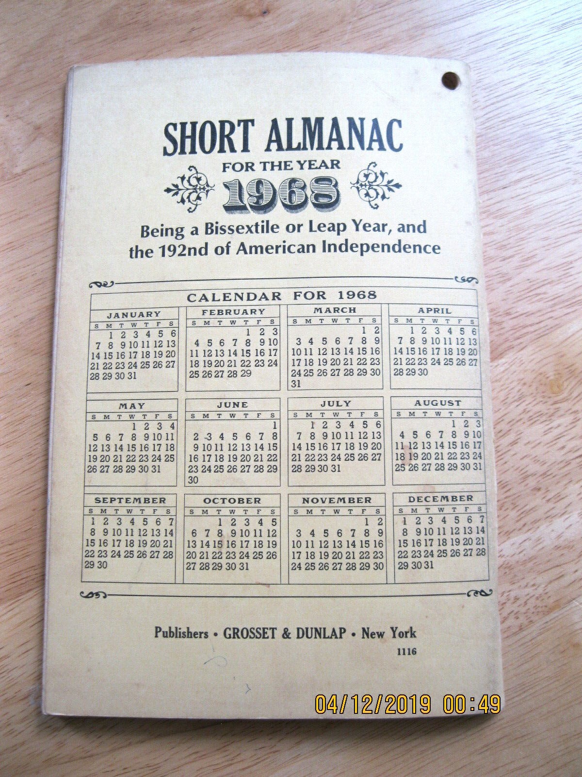 Booklet Baer&rsquo;s Agricultural Almanac for the Year 1968 with Weather Forcasts