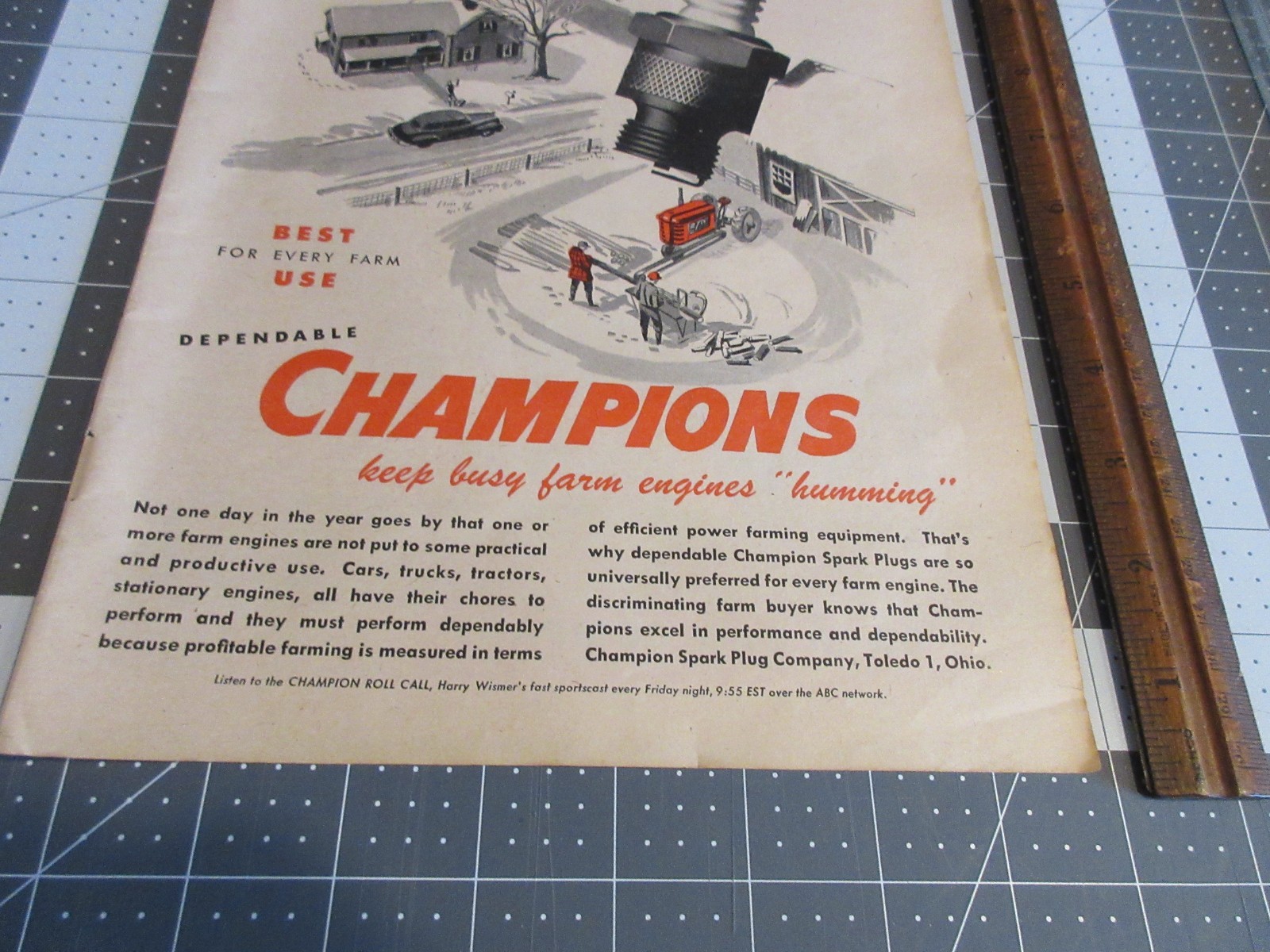 1947 Champion Spark Plugs Keep Farm Engines Humming Vintage Print Ad