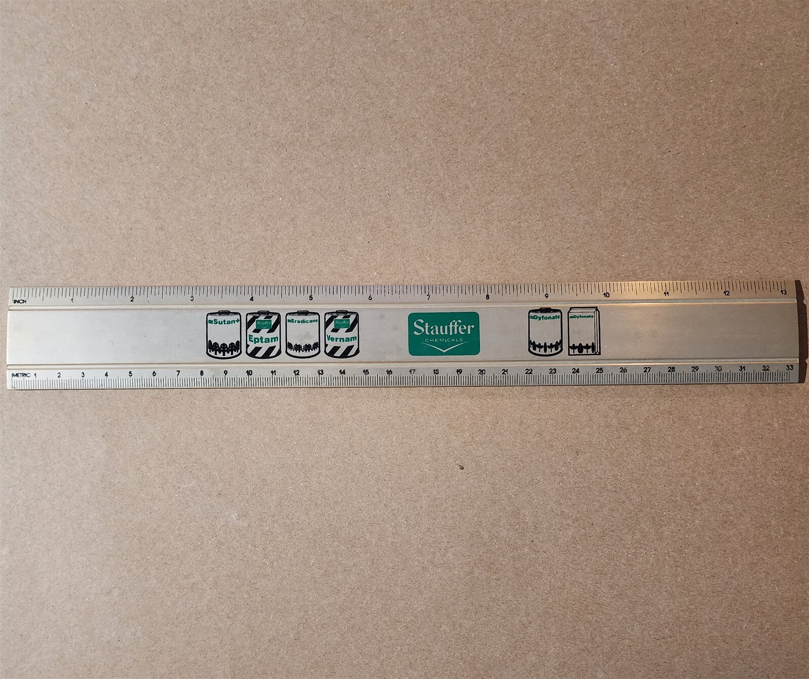 VINTAGE ALL METAL STAUFFER CHEMICALS RULER EPTAM DYFONATE SUTAN VERNAM ERADICANE