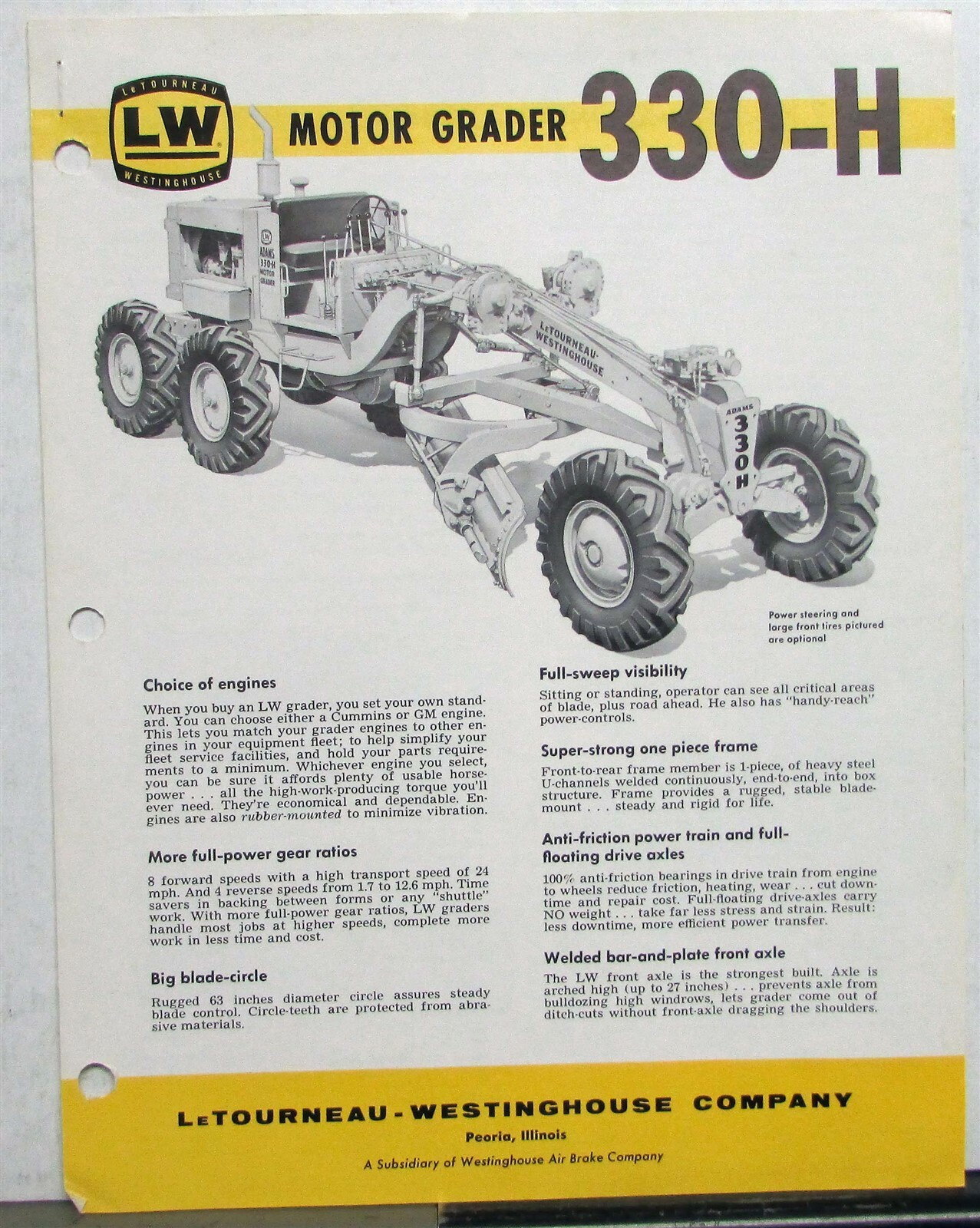 1961 LeTourneau Westinghouse Motor Grader 330-H Construction Sales Folder