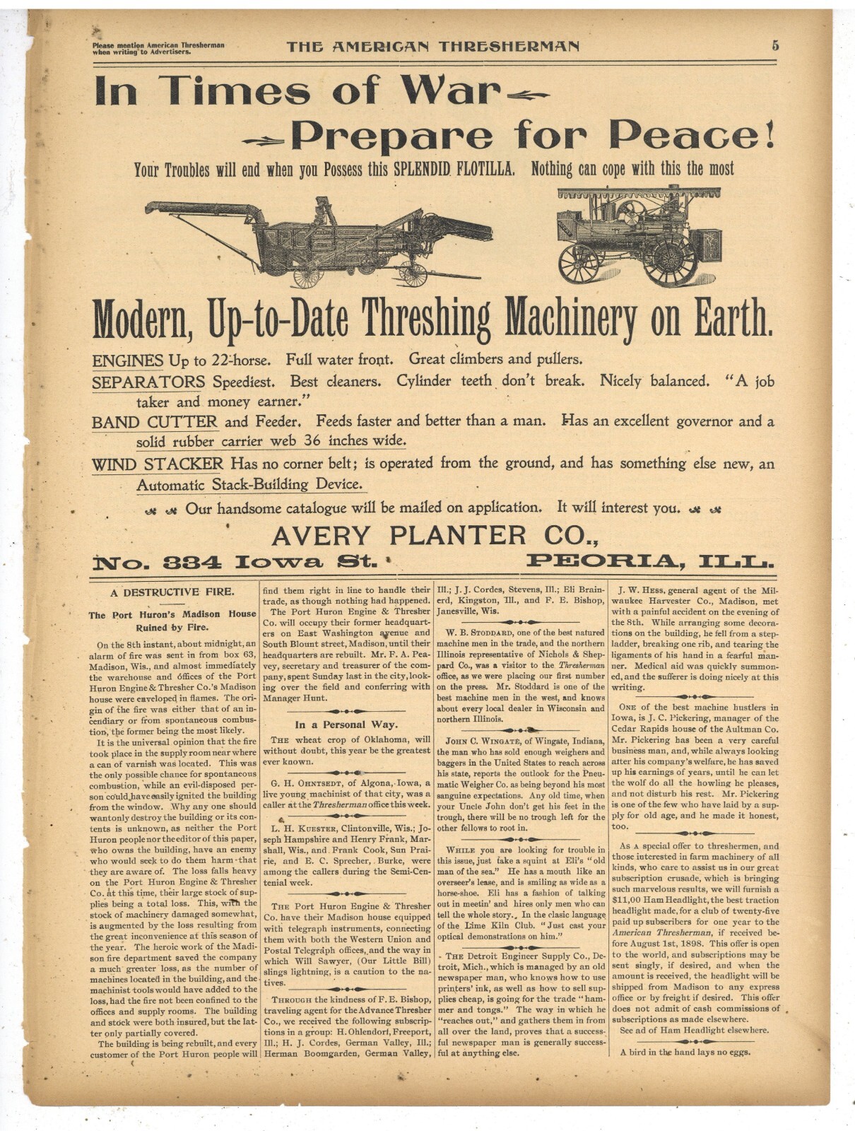 1898 Avery Planter Co. Ad: Engine & Thresher – Spanish American War Theme