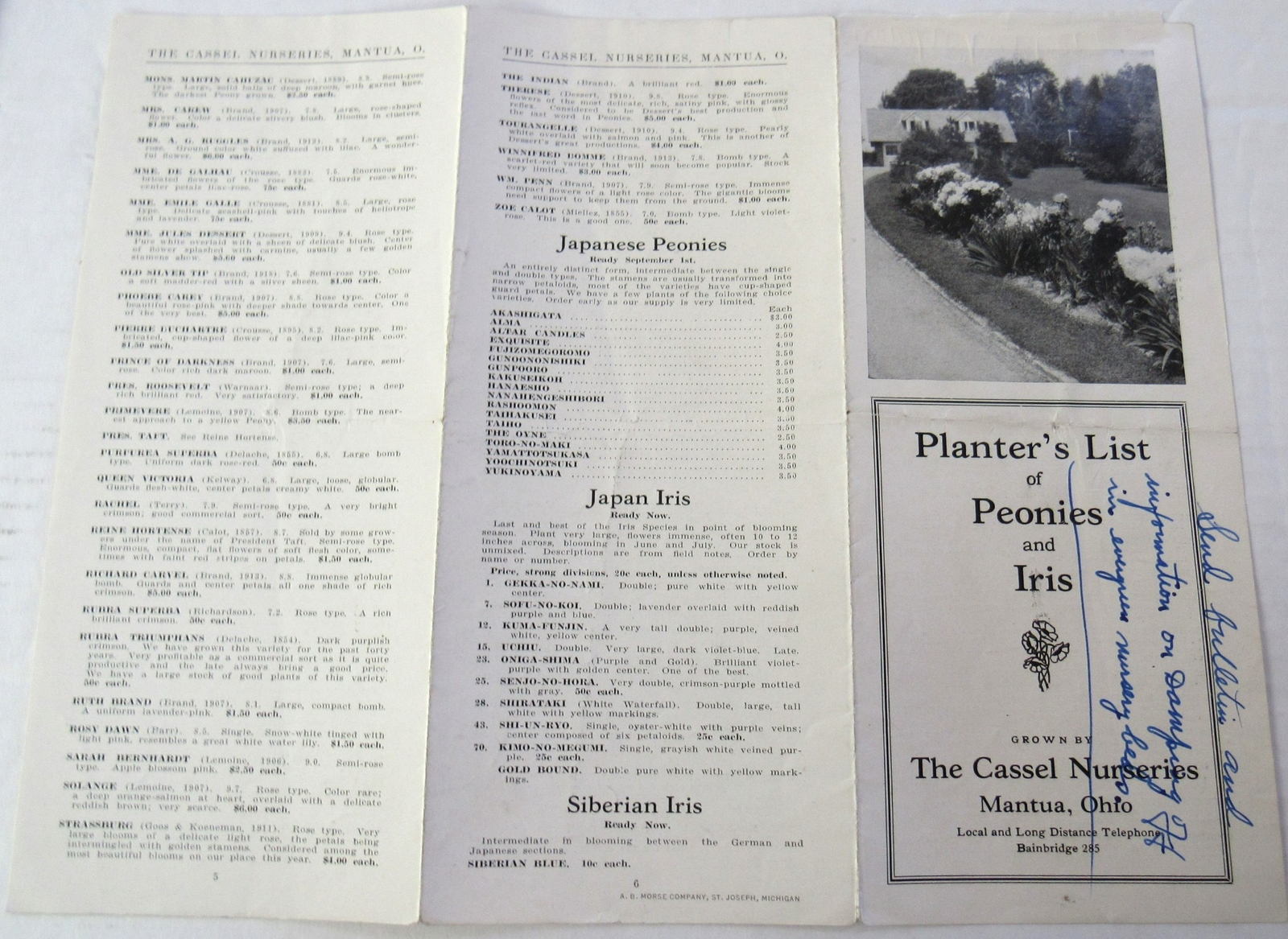 c1920 Planter&rsquo;s List Peonies Iris FLowers Cassel Nurseries Mantua Ohio Ad Order