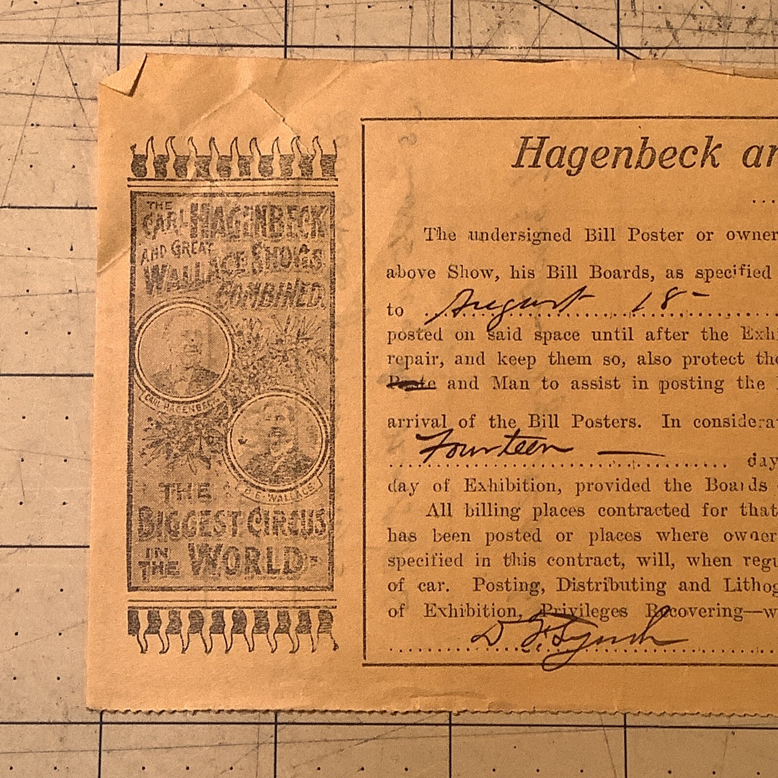 1914 Hagenbeck And Wallace Shows Contract Defiance, Ohio ￼INV-P0153