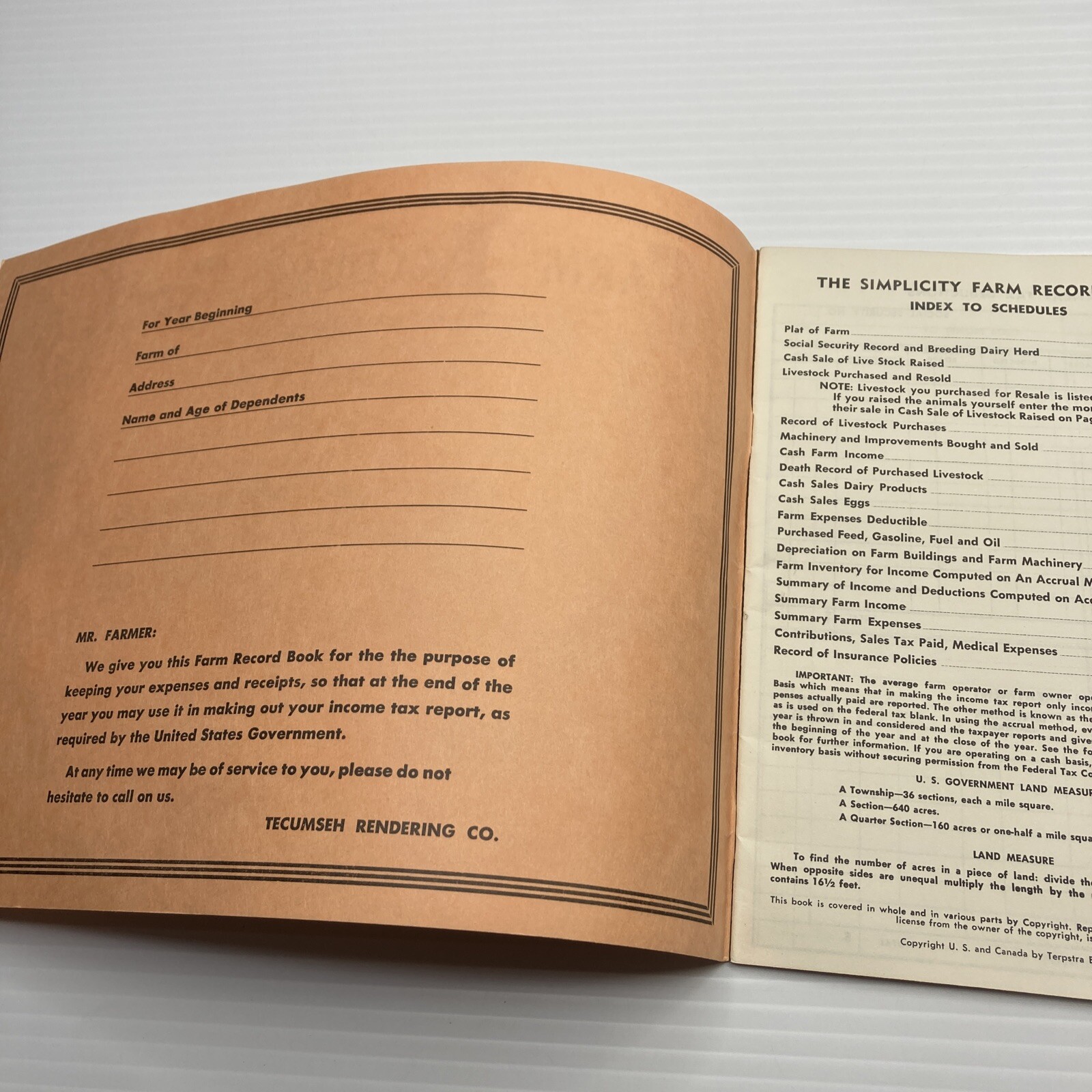 Farm Account Book Tecumseh Rendering Advertising 1963 Tecumseh Nebraska