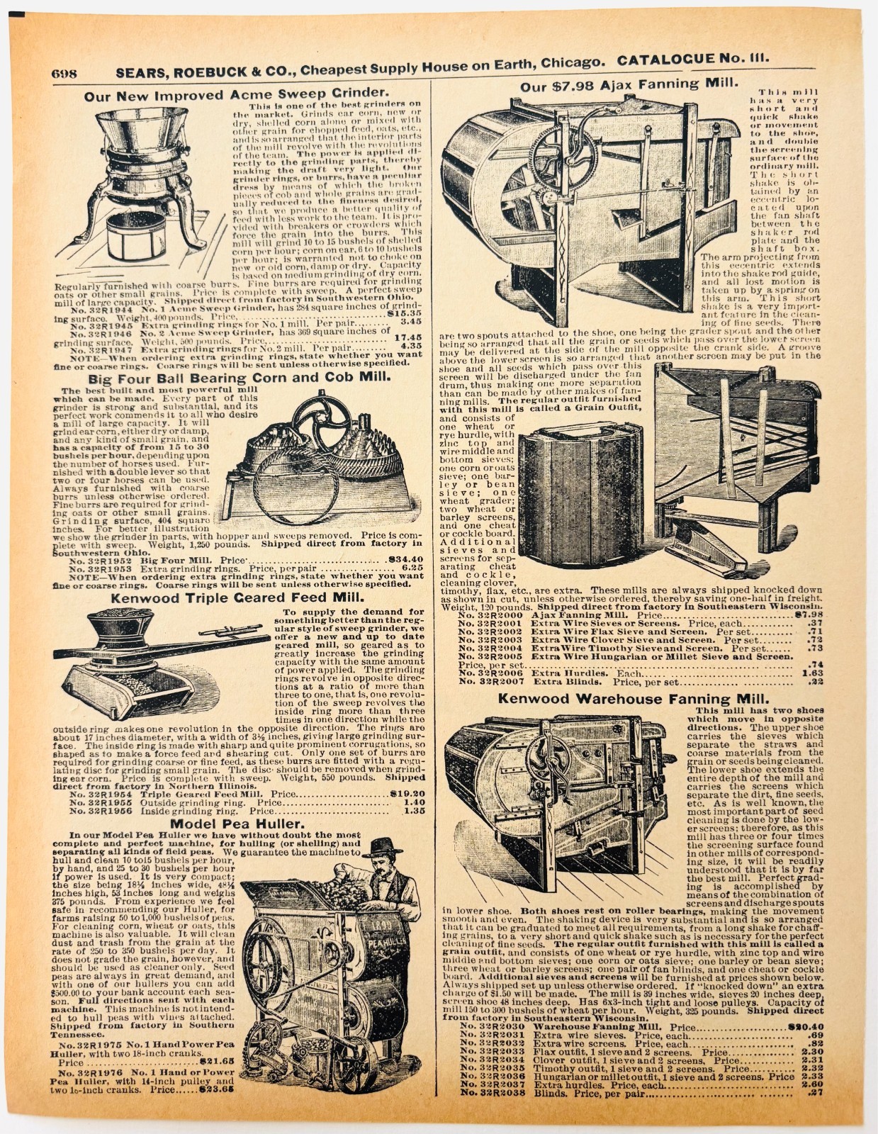 1901 Mills Grinders Hullers Reproduction Advertisement Sears Agriculture DWU17D