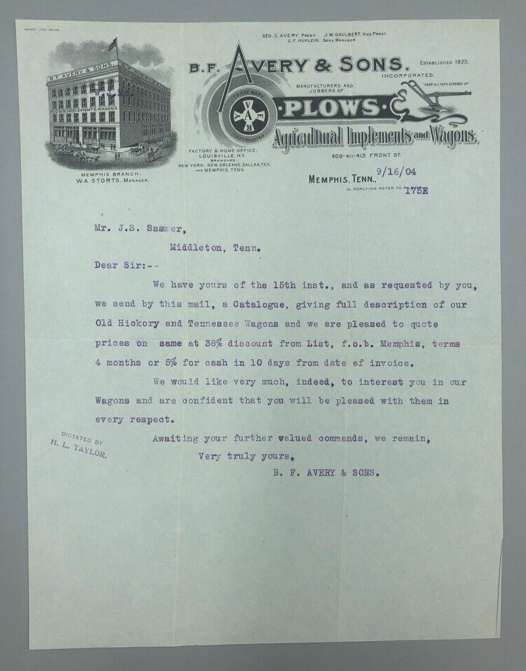 1904 B F AVERY PLOWS Letter FARM WAGONS Advertising MEMPHIS TN Antique