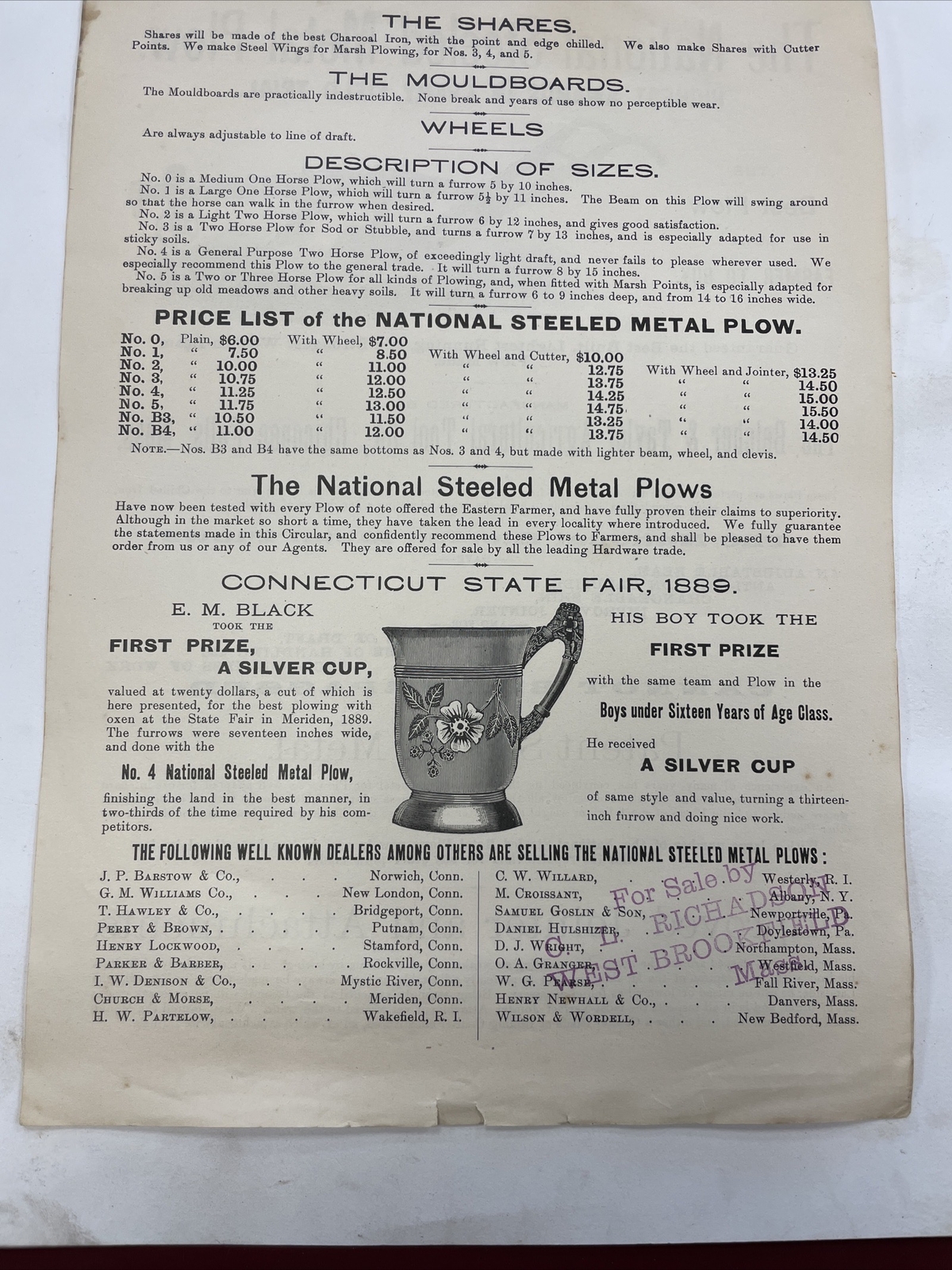 VINTAGE 1889 NATIONAL STEELED METAL PLOW ADVERTISEMENT