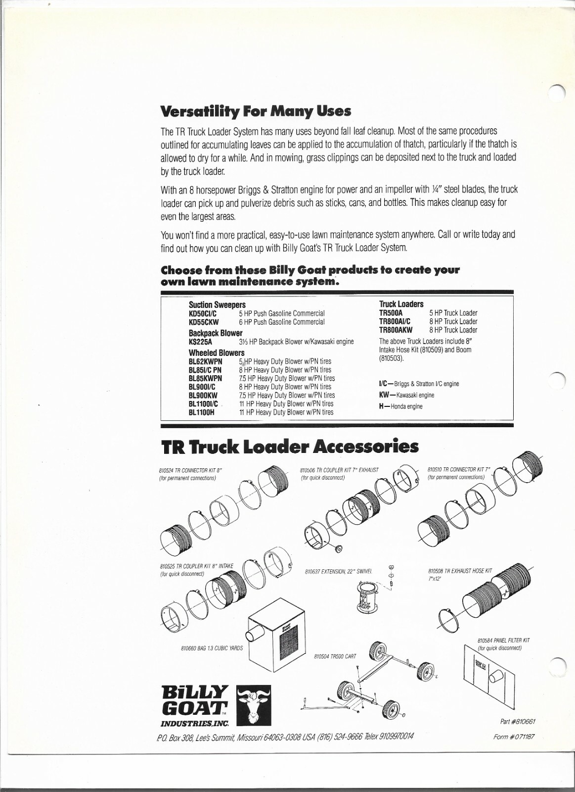 Original OEM Billy Goat TR Truck Loader System Lawn Maintenance Sales Brochure