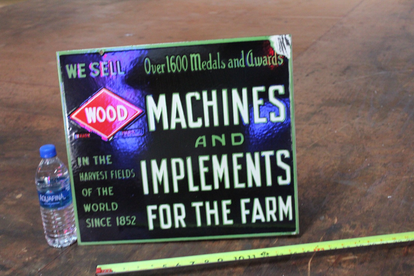 WOOD MACHINES AND IMPLEMENTS FARM DEALER 2-SIDED PORCELAIN METAL SIGN SEED FEED