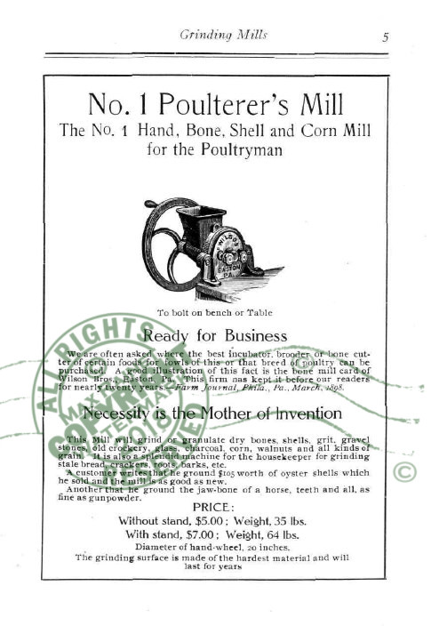 Wilson Bros 1909 CATALOG Grinding Mills + Bone Cutters Samples poultry farm feed