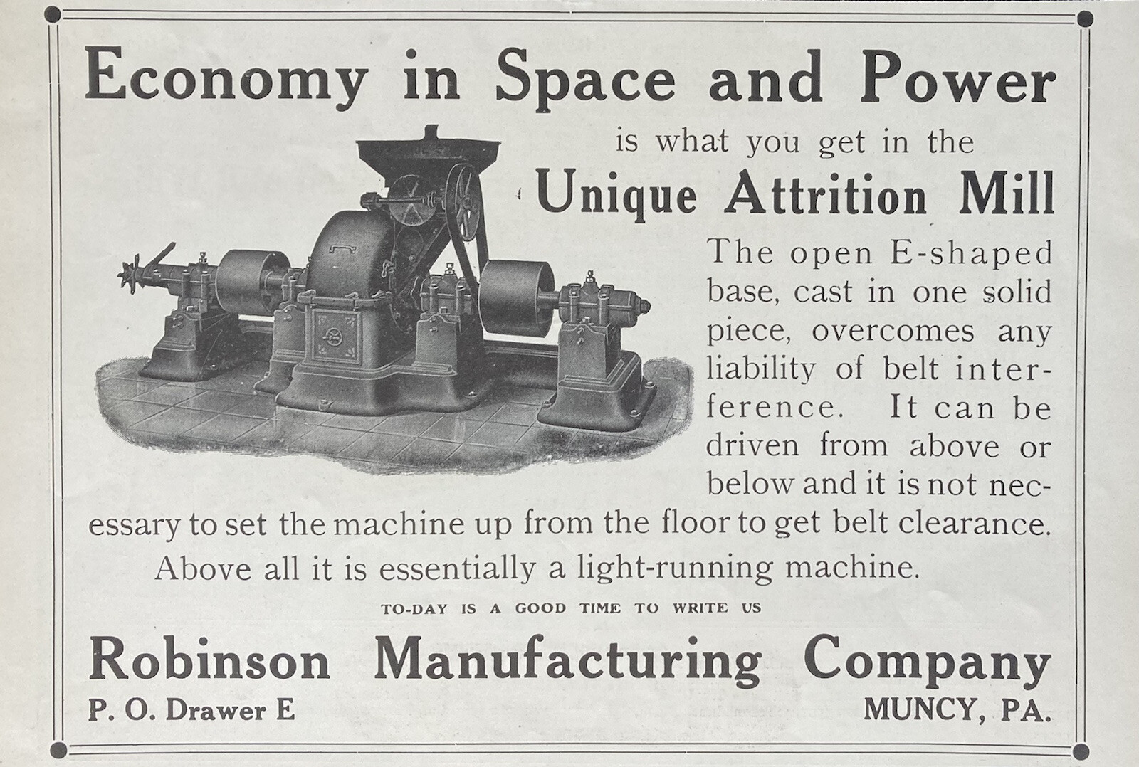 1910 AD.(XG18)~ROBINSON MFG. CO. MUNCY, PA. ATTRITION MILL MOTORS