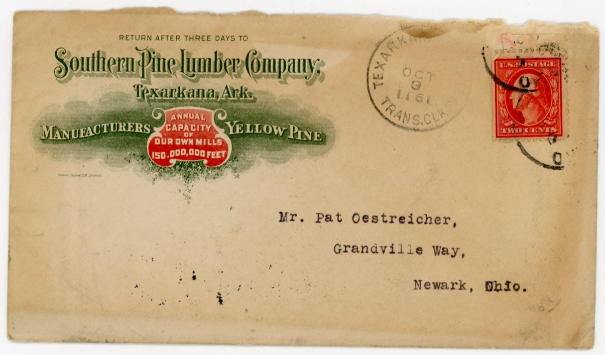 1911 Southern Pine Lumber Co. Tekarkana Envelope Cover w/Cachet #KF