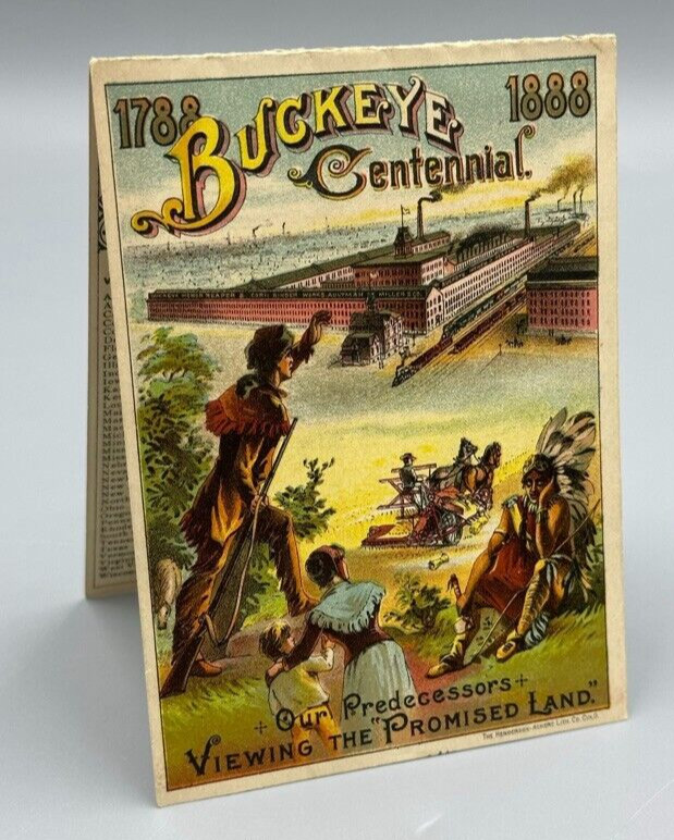 1888 BUCKEYE MOWER Farm Advertising Fold Trade Card PRESIDENT HARRISON CLEVELAND