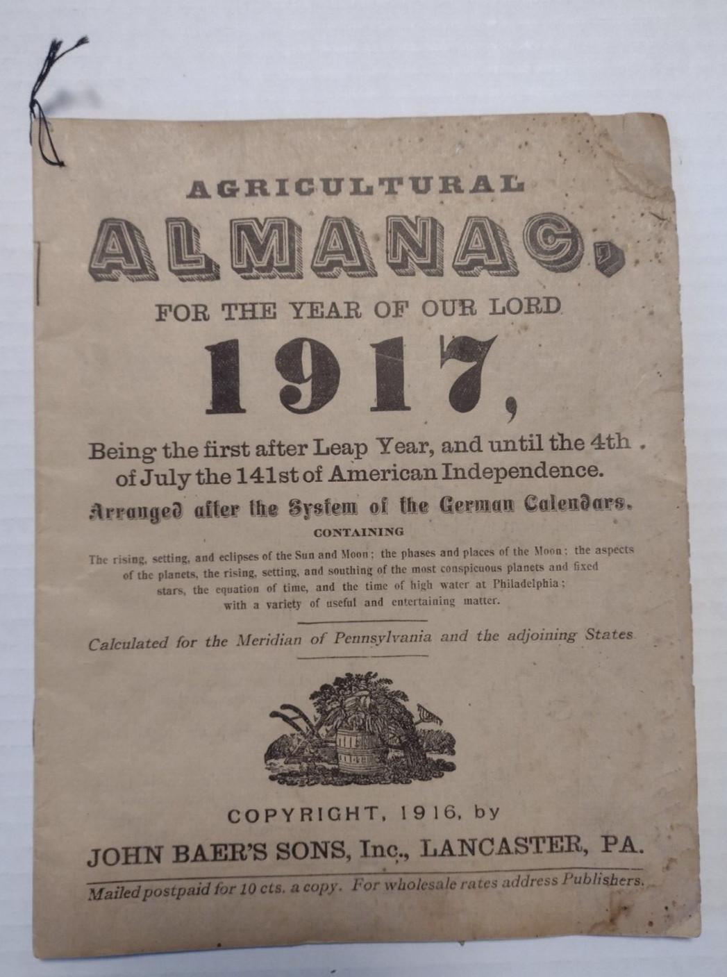 1917 John Baer&rsquo;s Sons Lancaster, PA Agricultural Almanac