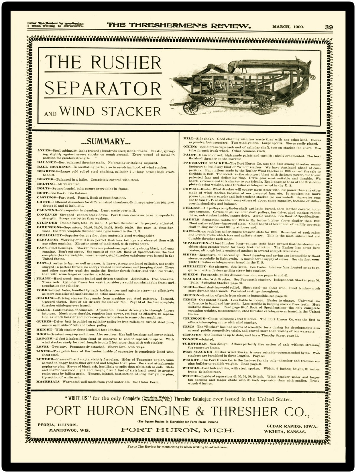 1900 Port Huron Engine & Thresher Co. New Metal Sign: Rusher Separator & Stacker