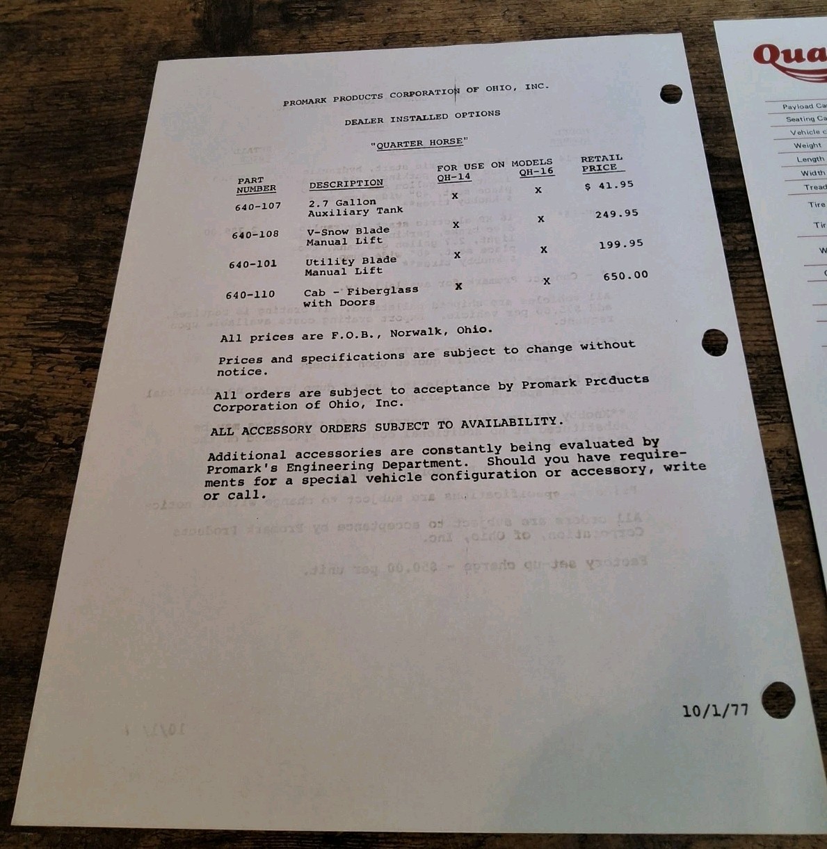 Promark Products Corporation Quarter Horse Utility Truck Brochure And Price List