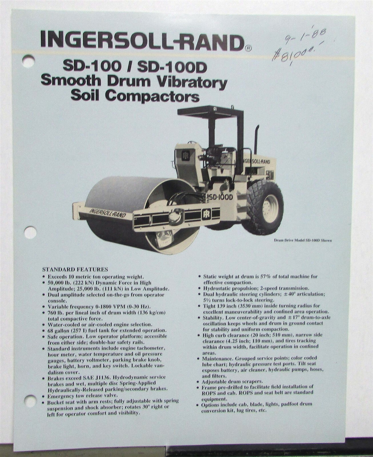1988 Ingersoll Rand SD100/100D Vibratory Compactors Construction Sale Brochure