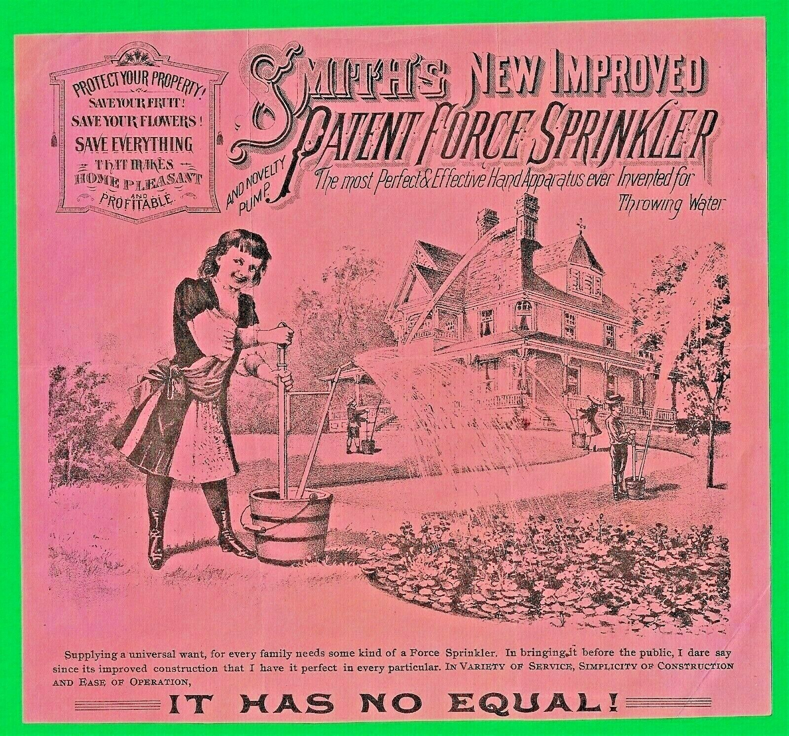 c1897 AD HANDOUT ~ SMITH&rsquo;S NEW IMPROVED PATENT FORCE SPRINKLER & NOVELTY PUMP
