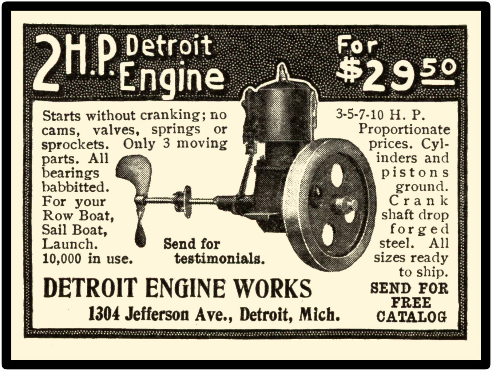 Detroit Engine Works New Metal Sign: 2 Horsepower Detroit Engine, Detroit, Mich.