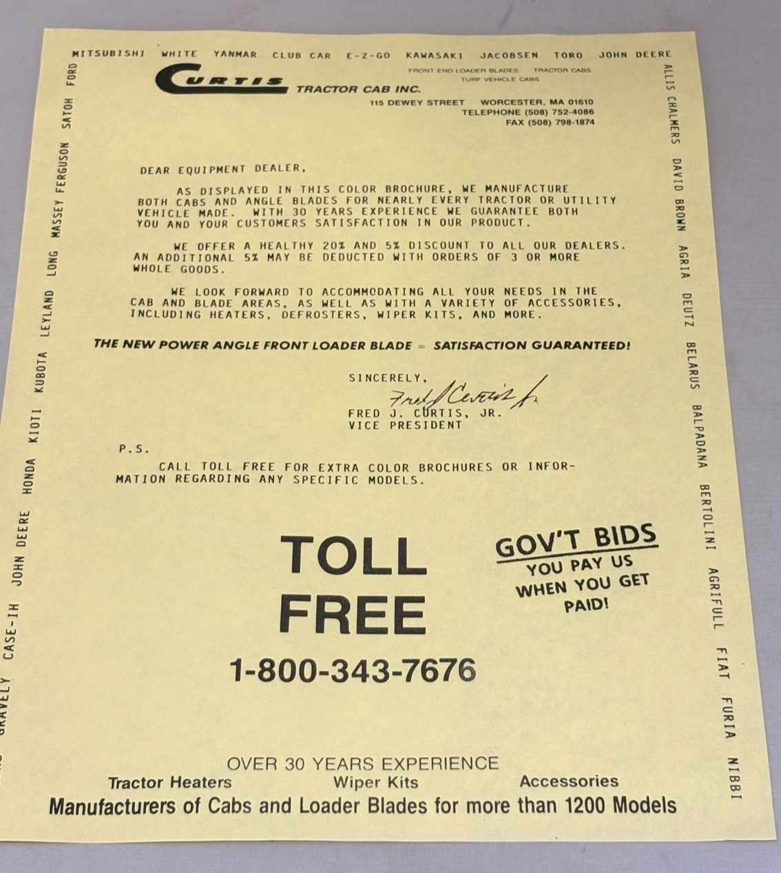 Curtis Tractor Cab Dealer Brochure Lot 1992 1993 Price List Accessories Catalog