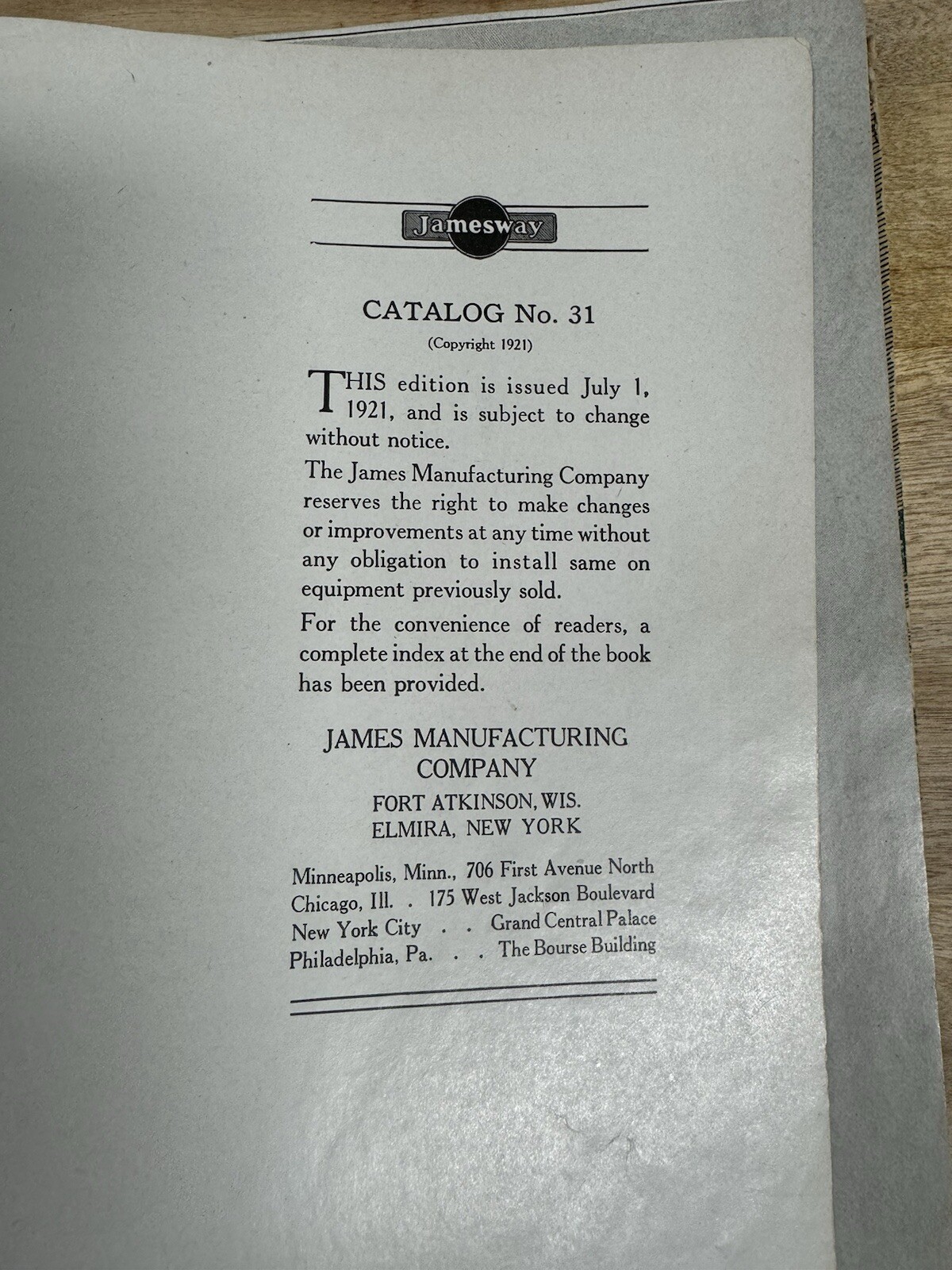 The James Way Catalog No. 31 CW 1921 James Manufacturing Company