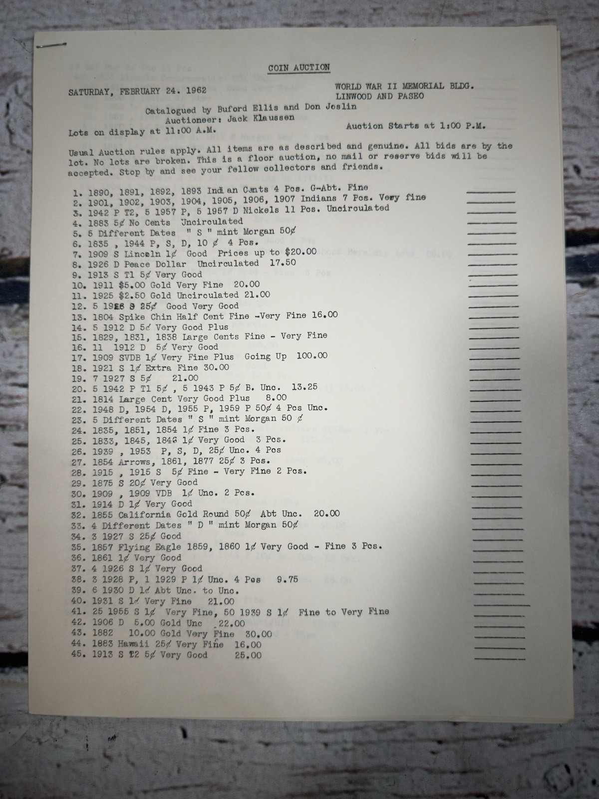 VTG Coin Auction Jack Klaussen Auctioneer 1962 Bid Info Guide Booklet Handout