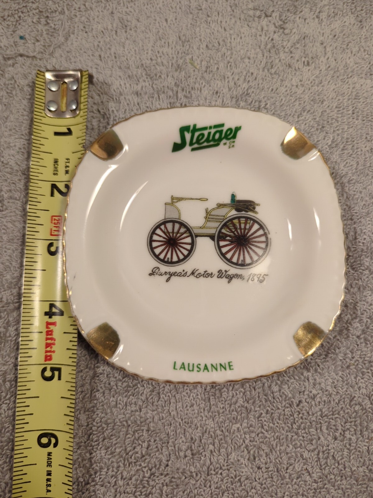 Steiger Ceramic Ash Tray, Duryea&rsquo;s Motor Wagon. « Lausanne » Gold Color Edging