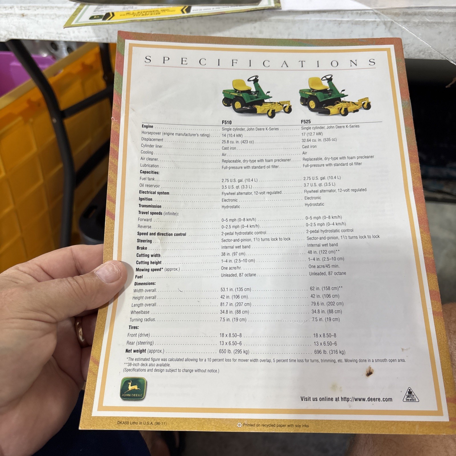 John Deere Lawn Tractor Front Mower Walk Behinds for 1996 Brochure FCCA