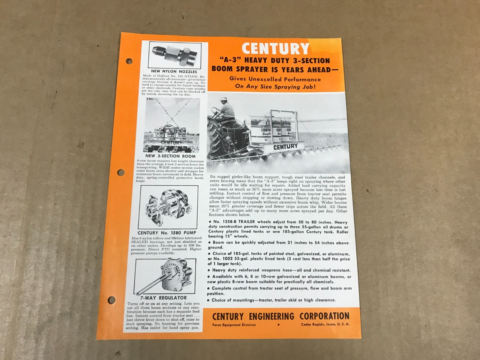 Vintage Century A-3 Heavy Duty 3-Section Boom Sprayer Salesman Flyer