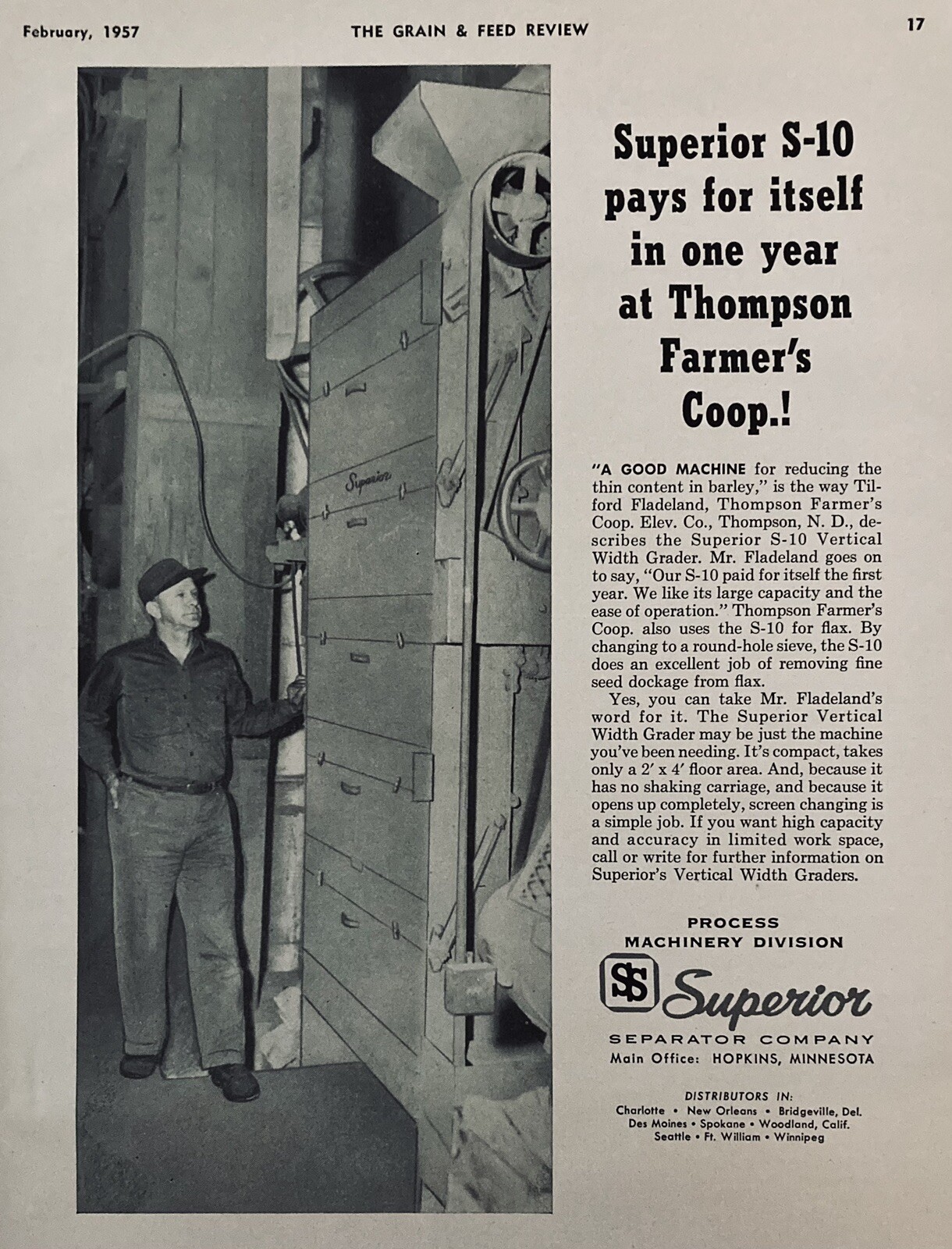 1957 AD.(XH51)~SUPERIOR SEPARATOR CO. HOPKINS, MINN. GRAIN PROCESSING MACHINERY
