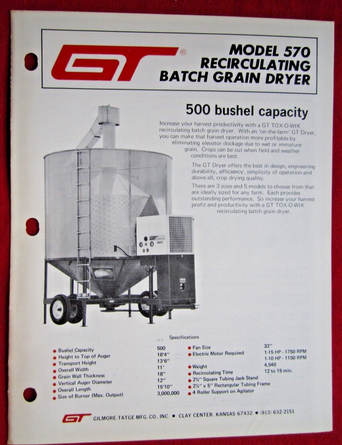 1975 GT GILMORE-TATGE, CLAY CENTER, KANSAS, MODEL 500 BATCH GRAIN DRYER BROCHURE