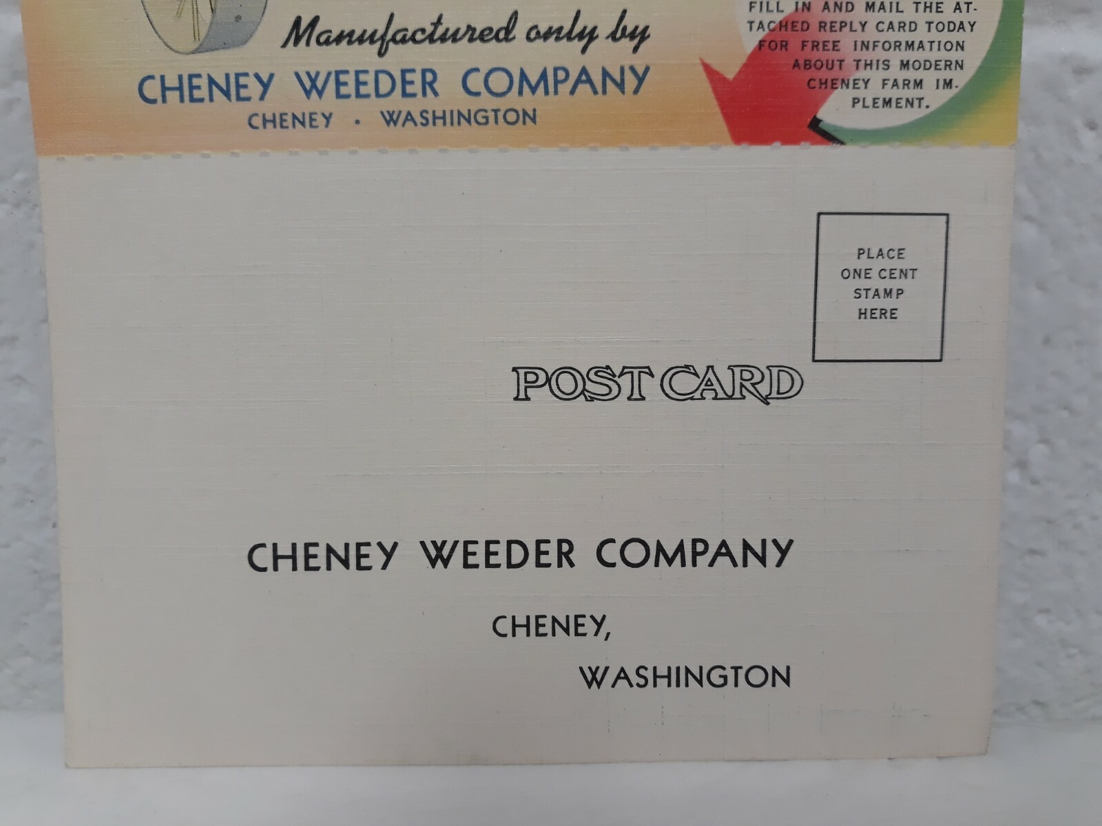 NOS Vintage Cheney Weeder Co. Soilivator farm implement double postcard, color