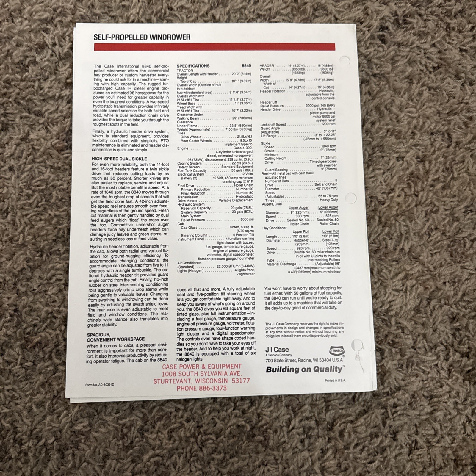 1990s 8840 Lot of 2 Self Propelled Windrower Spec Sheet Case IH