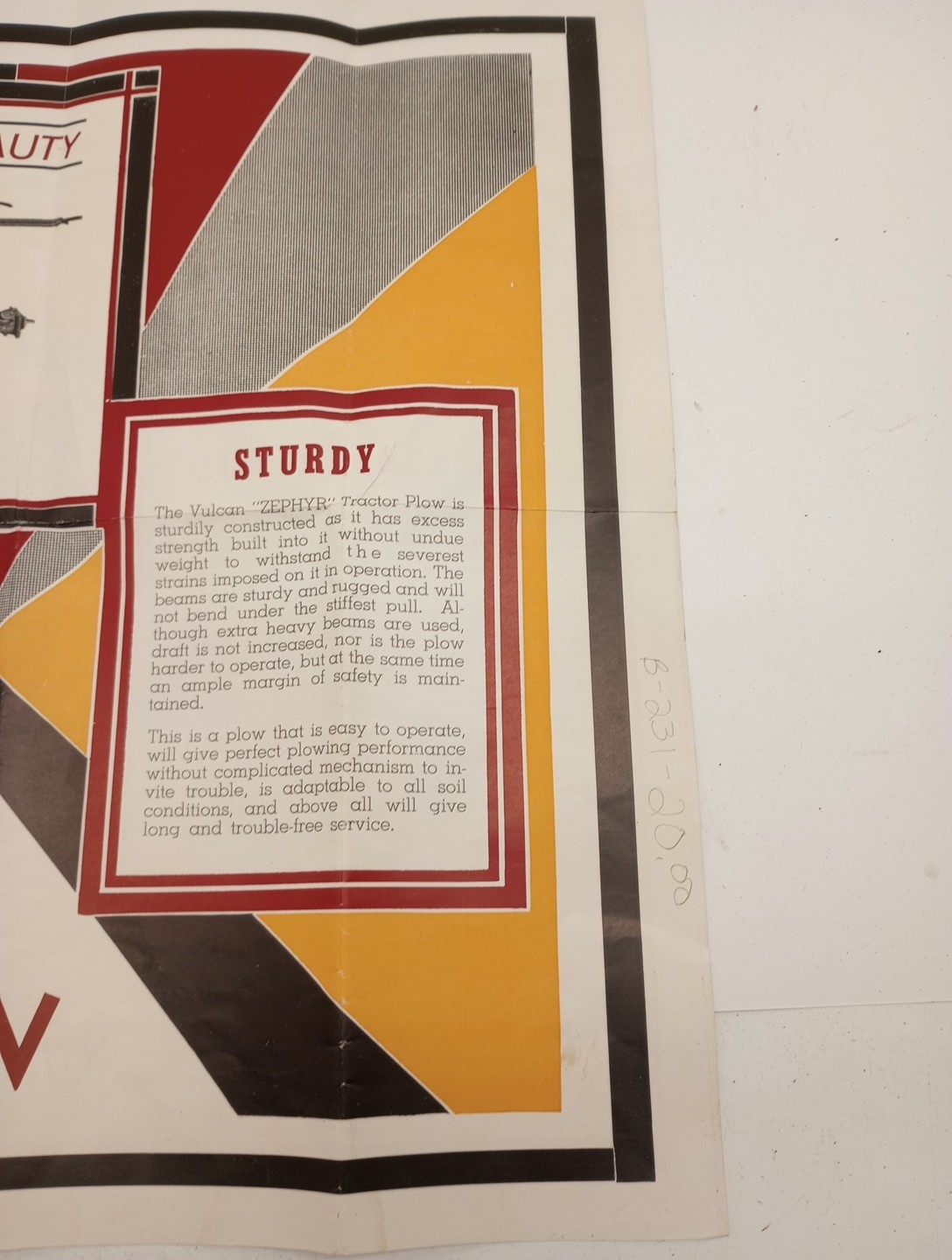 Vtg 1939 Vulcan Zephyr Tractor Plow Fold Out Color Poster Brochure Mansfield Oh