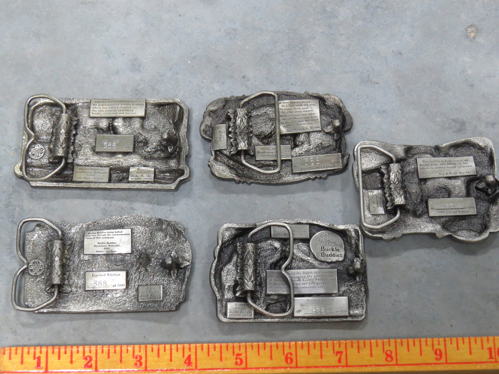 Vintage Buckle Buddies Belt Buckles LOT of 5 1982-1985 Pewter