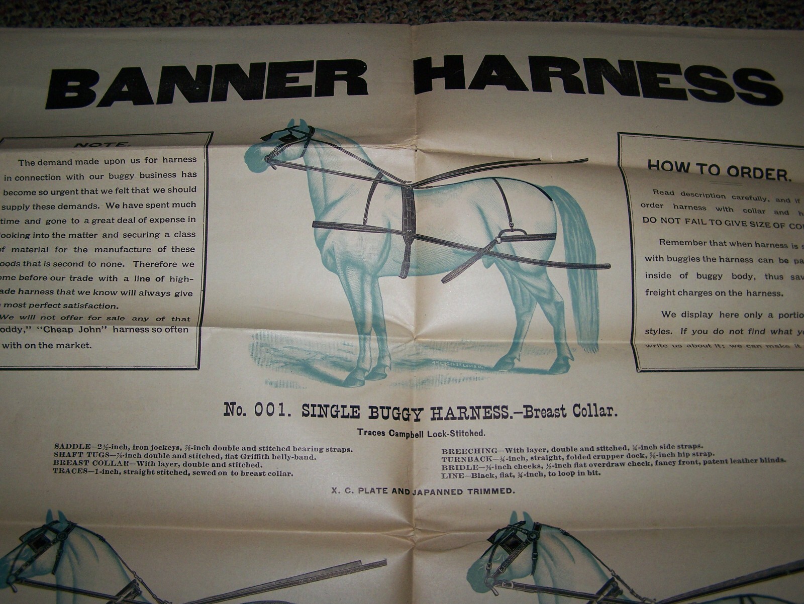 BANNER HARNESS Horse Farm Implement Sales POSTER Horse Drawn Implement Buggy WOW