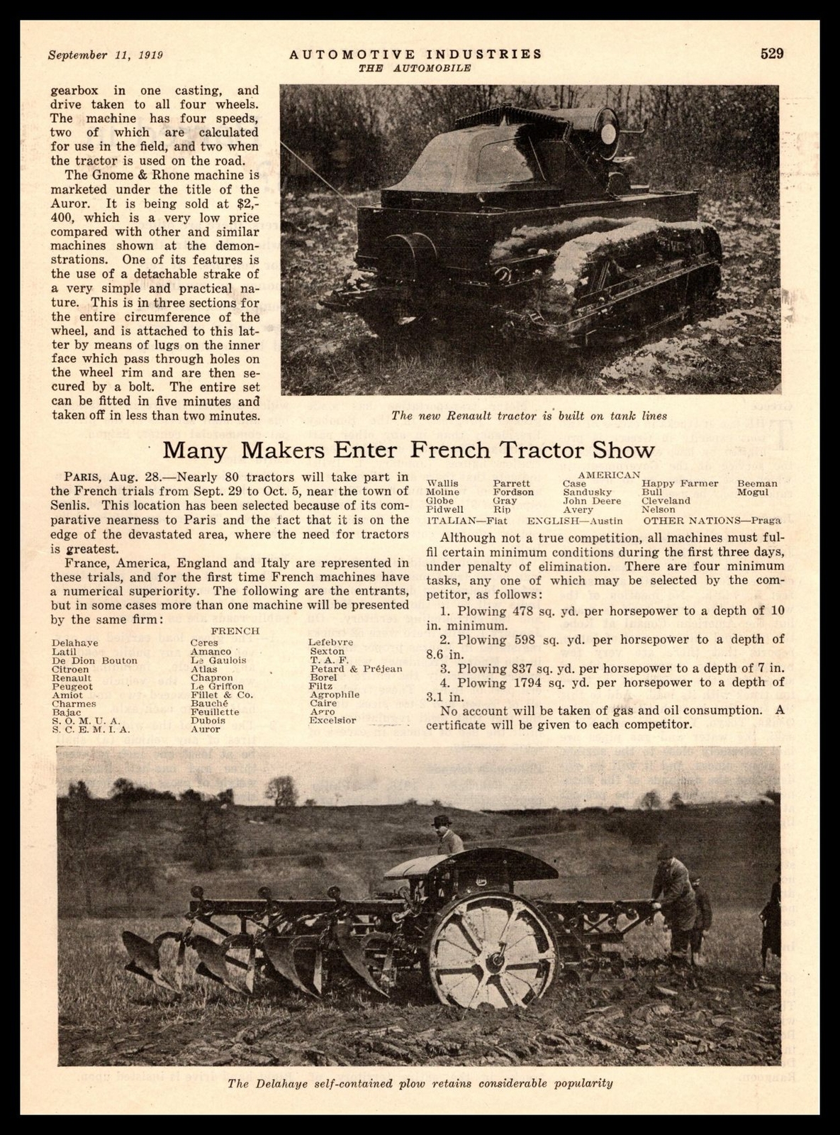 1919 Renault & Delahaye Plow Photos French Tractor Show Trials Article Print Ad