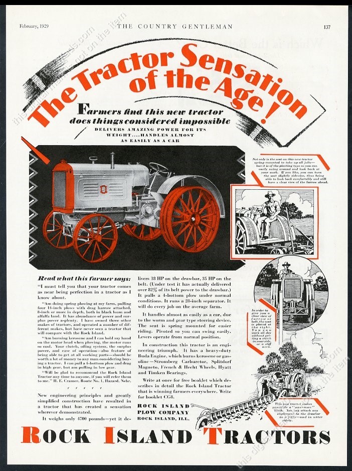 1929 Rock Island tractor photo farm farmer art vintage print ad