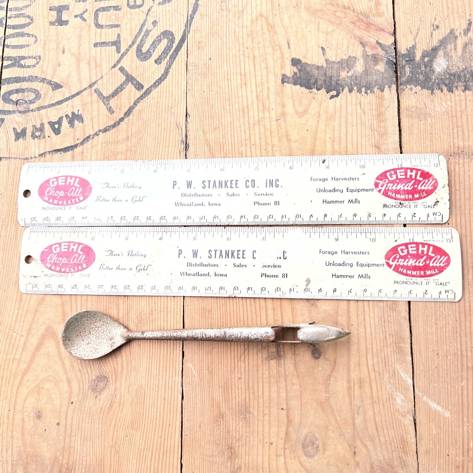 Advertising Wheatland, IA Gehl Hammer Mill Ruler Stanley Co Equity Trading Spoon