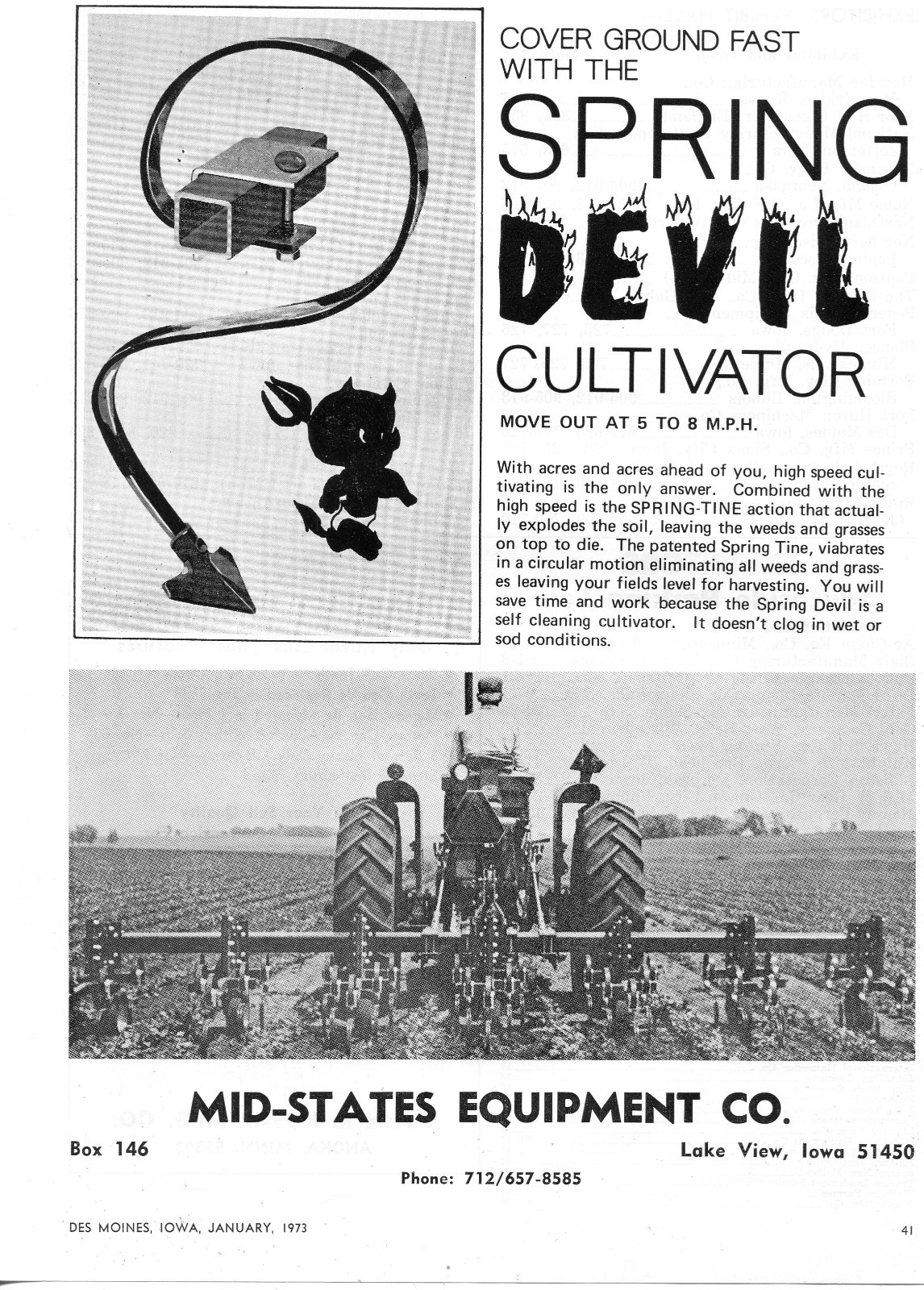 1973 Print Ad Mid-States Equipment Spring Devil Spring-Tine Tractor Cultivator