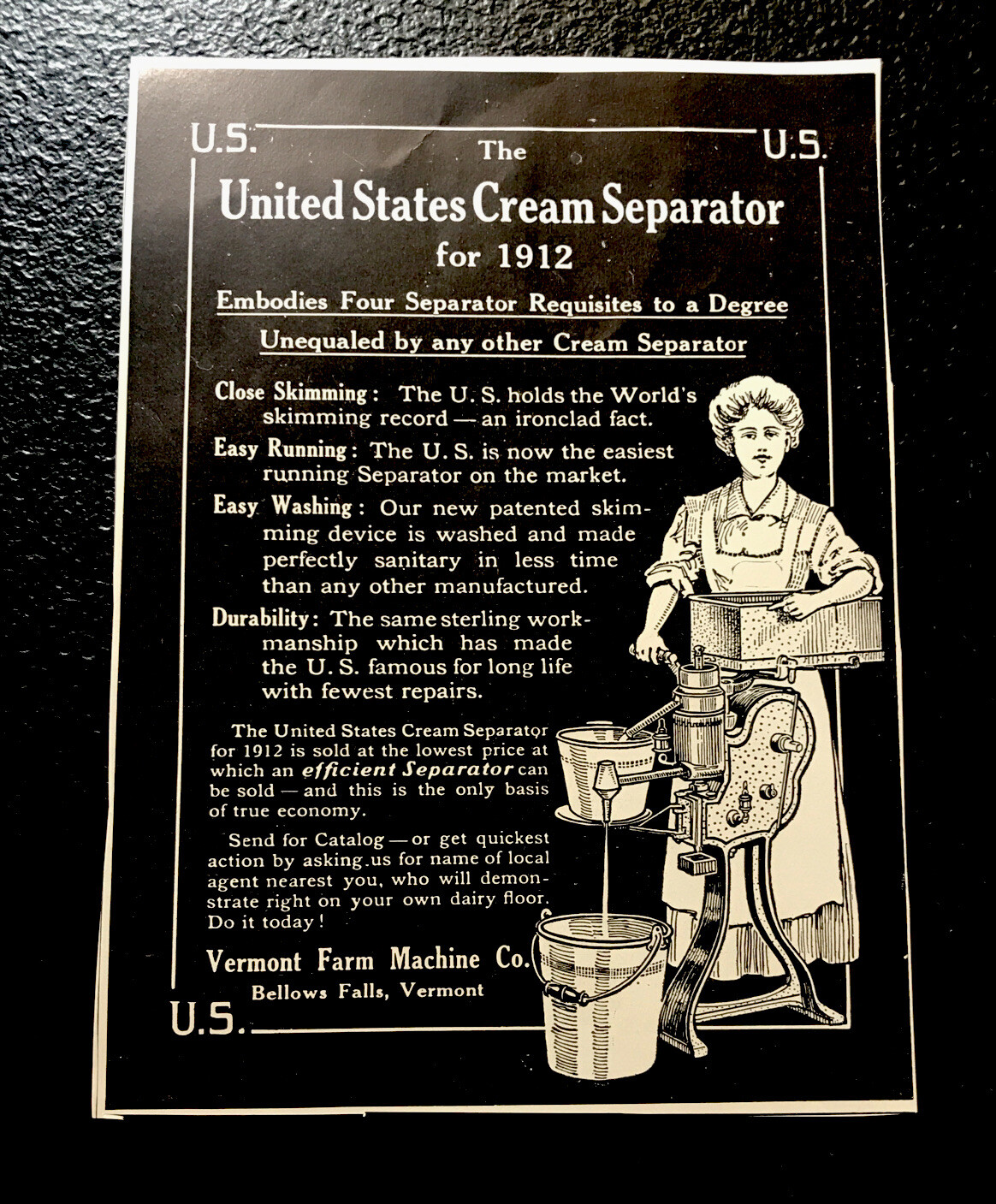 1911 Cream Separator Vermont Farm Machine Advertising – Bellows Falls – Vermont