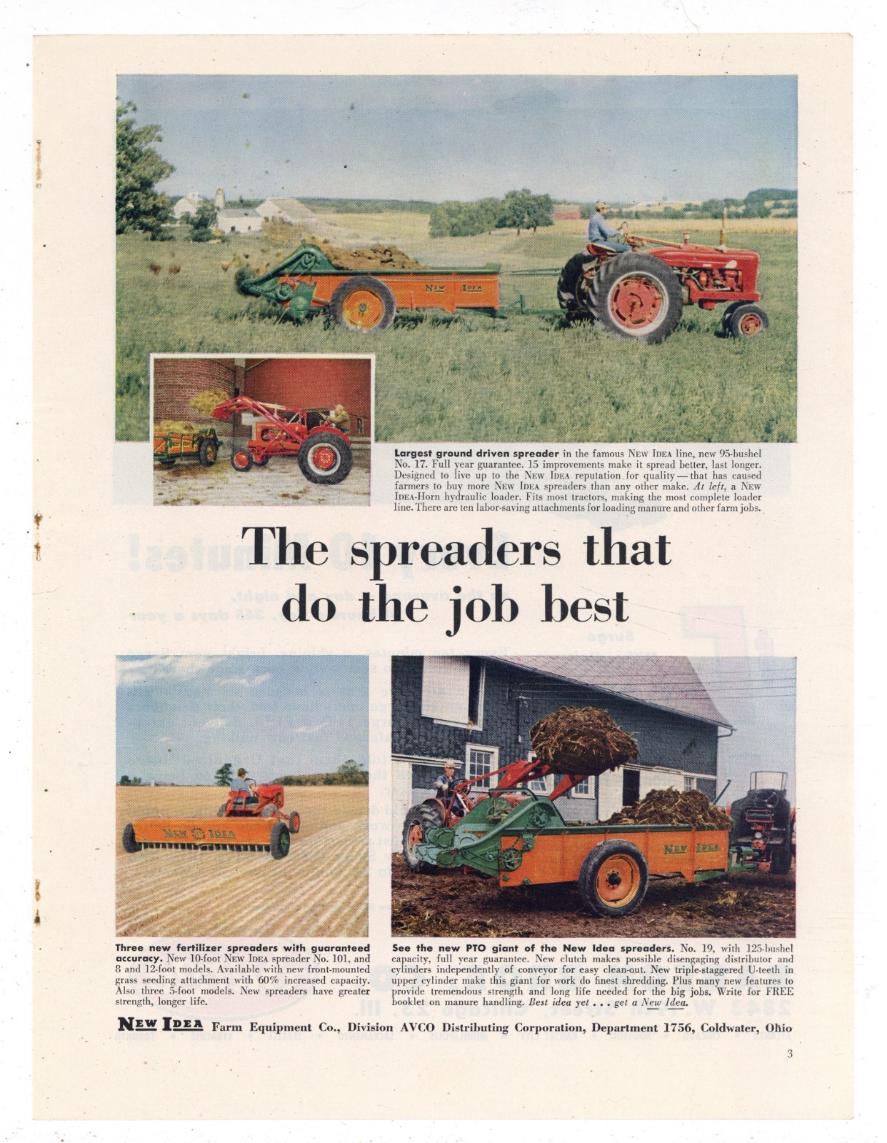 1956 New Idea Farm Equipment Ad: No. 17 & 19 Spreaders & No. 101 Spreader Pics