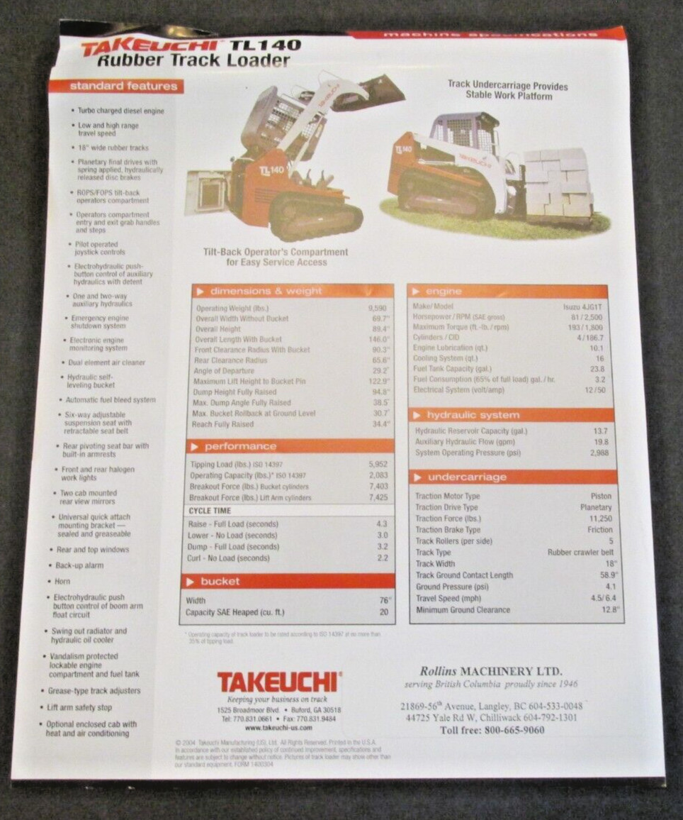 TAKEUCHI TL140 RUBER TRACK LOADER ROLLINS CANADA Dealer AD BROCHURE