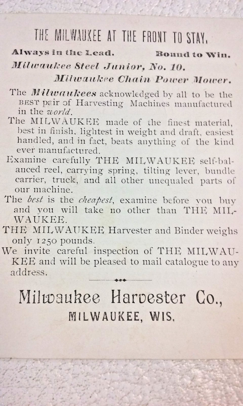 vintage Milwaukee Harvester Co. Nautical Scene Victorian Advertising Trade Card
